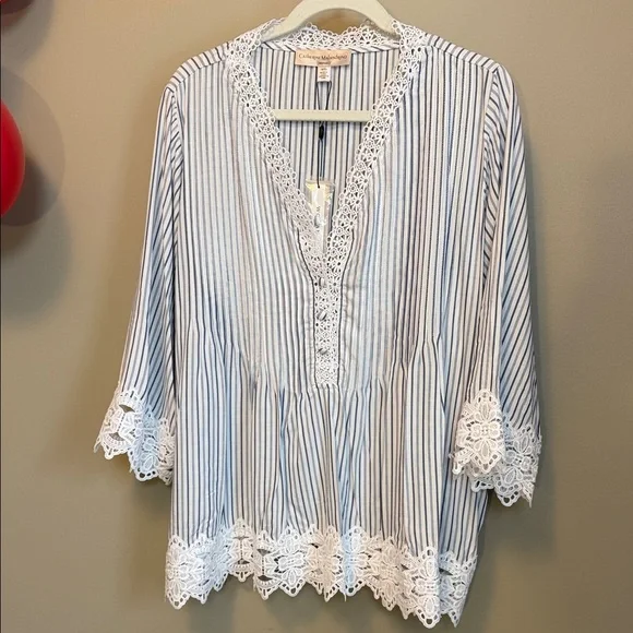 Catherine Malandrino Size 1X Cottagecore Blue and White Striped Blouse with Lace - Picture 5 of 10